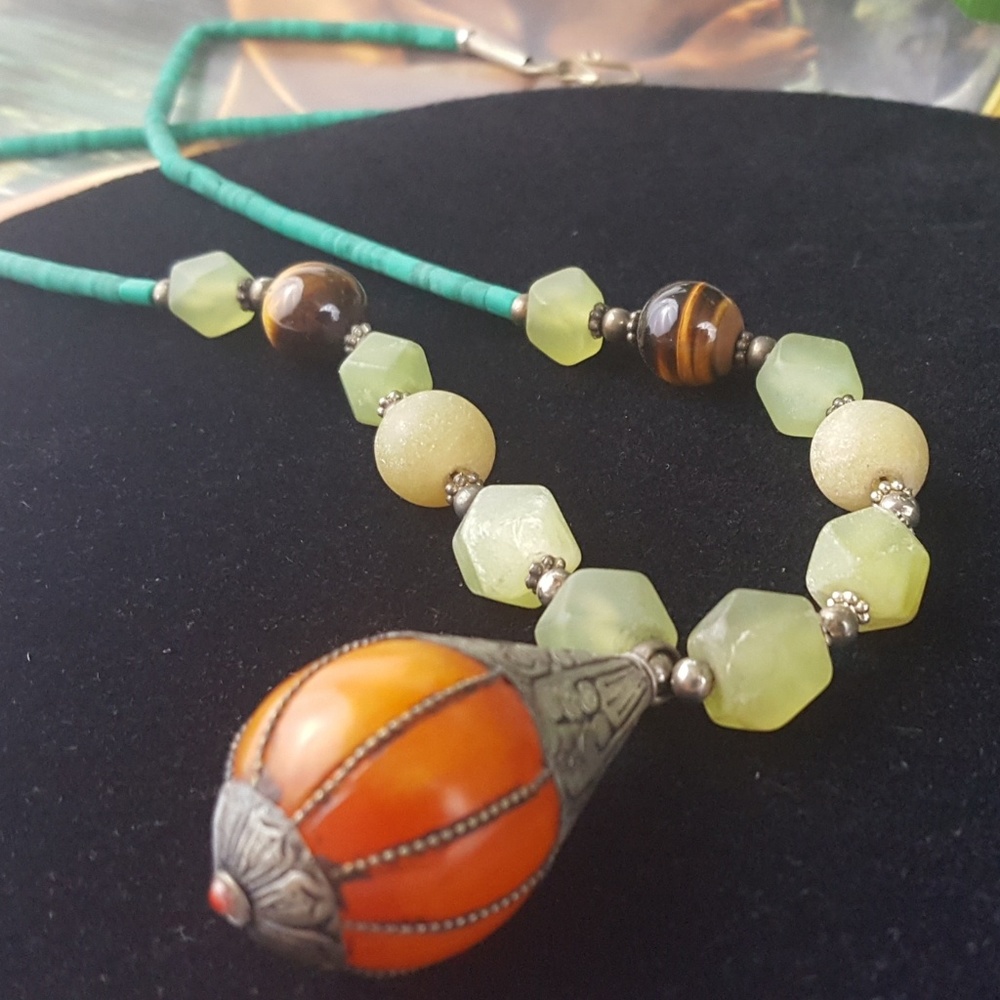 Jade Tigers Eye Turquoise Pendant Necklace